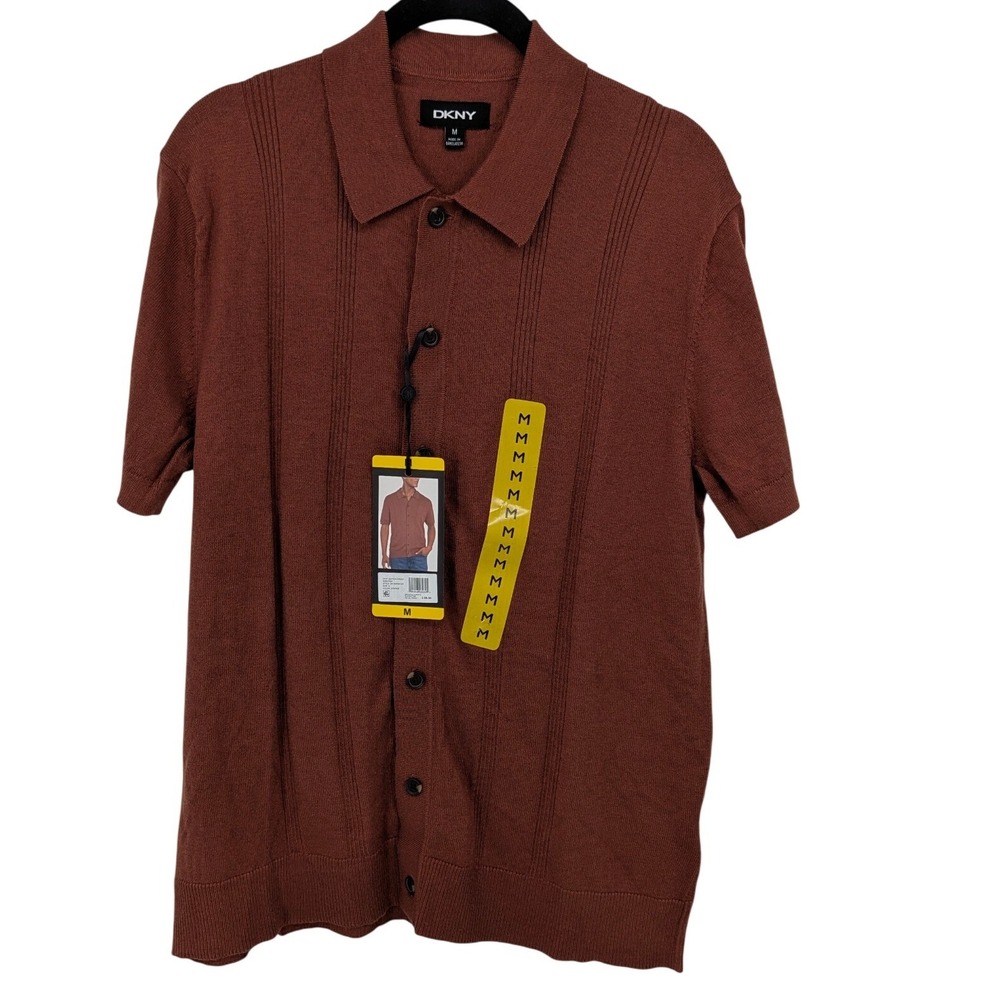 DKNY Button Front Sweater Men Medium Brown Ribbed Knit Retro Polo Preppy Mod